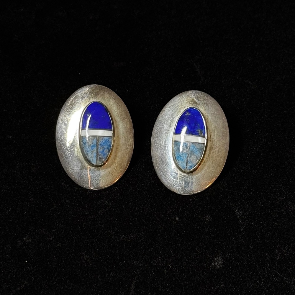 Vintage Southwestern Sterling Silver Lapis Inlay Oval Stud Earrings Boho Blue